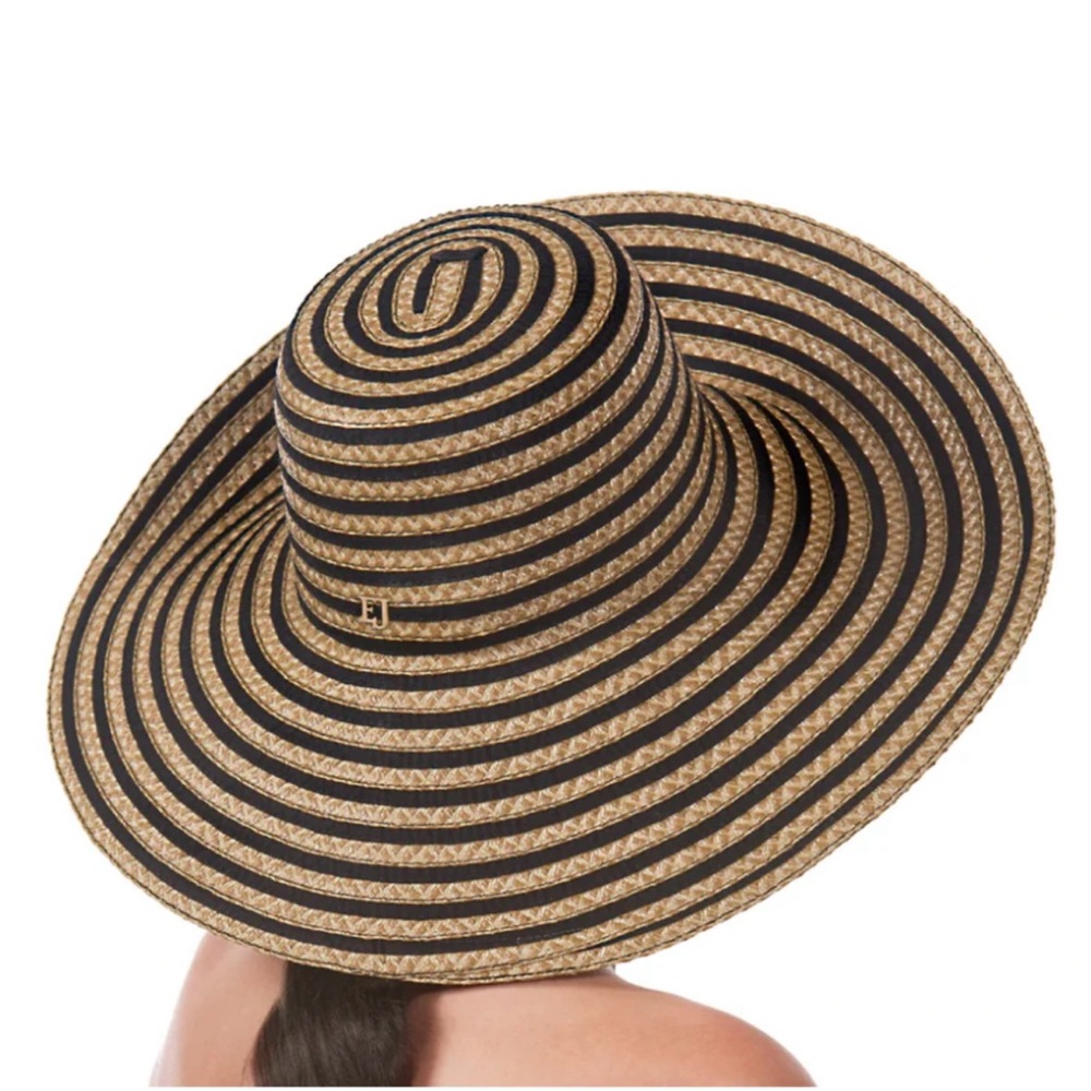 Eric Javits Margot Straw Hat Striped in Natural Black NWT - Picture 2 of 3